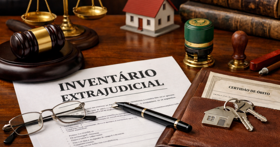 Quanto custa um inventário em 2026 - documentos de inventário extrajudicial com balança da justiça e modelo de imóvel