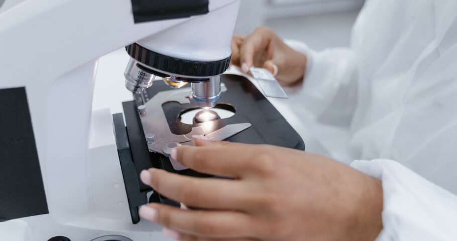 Cientista utiliza microscópio para análise de amostra em laboratório